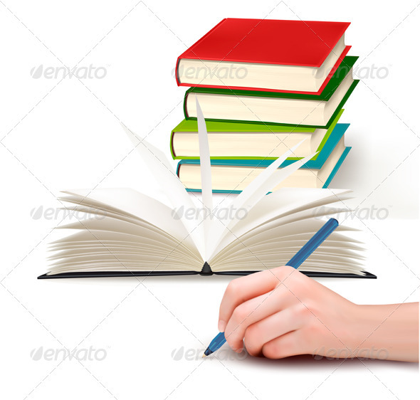 Hand with pen writing on paper and stack of book - Concepts Business