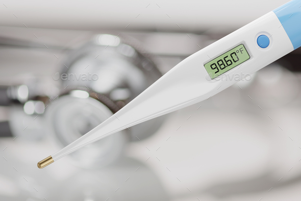 Electronic clinical thermometer with normal human body-temperature. 3D rendering.
