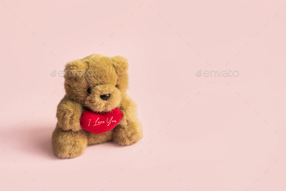 Cute Teddy Bear With Red Heart On Pastel Color Background And Copy Space Valentine S Day Concept Stock Photo By Kitzstocker