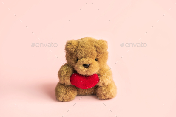 Cute Teddy Bear With Red Heart On Color Background And Copy Space Valentine S Day Concept Stock Photo By Kitzstocker