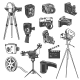 Film studio equipment, movie shooting retro vector icons, vintage