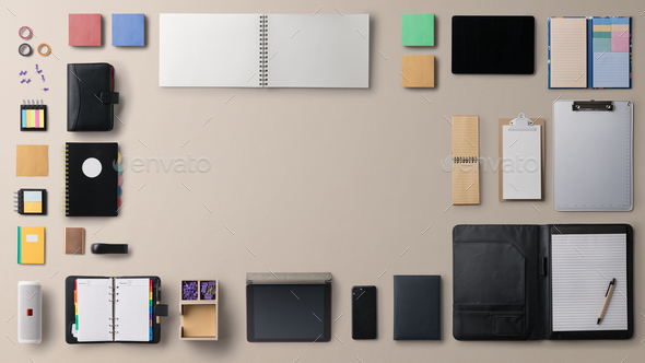 Desk, gadgets and office supplies. Flat lay. Copy space, Stock image