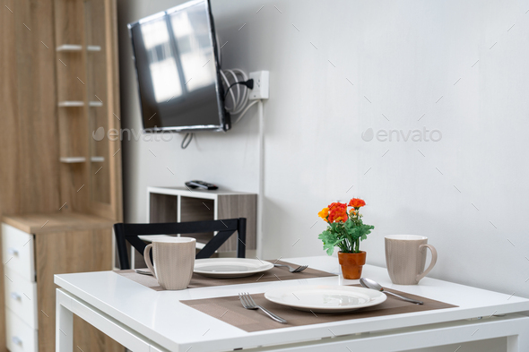 Luxury Interior living room and Dining table, Studio room type of condominium or apartment,