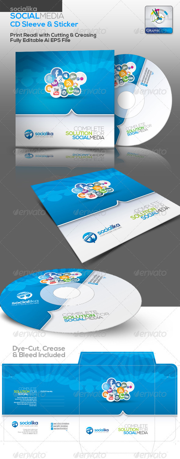 Socialika Social Media CD Sleeve & Sticker - Packaging Print Templates