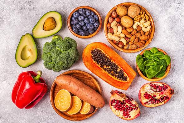 Anti-aging food - healthy fruits, vegetables, nuts.