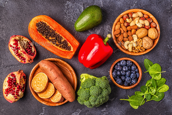 Anti-aging food - healthy fruits, vegetables, nuts.