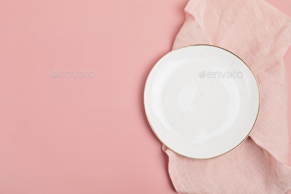 Empty white plate and cotton napkin on pink backdrop. Food background for  menu, recipe book. Table Stock Photo by OksaLy
