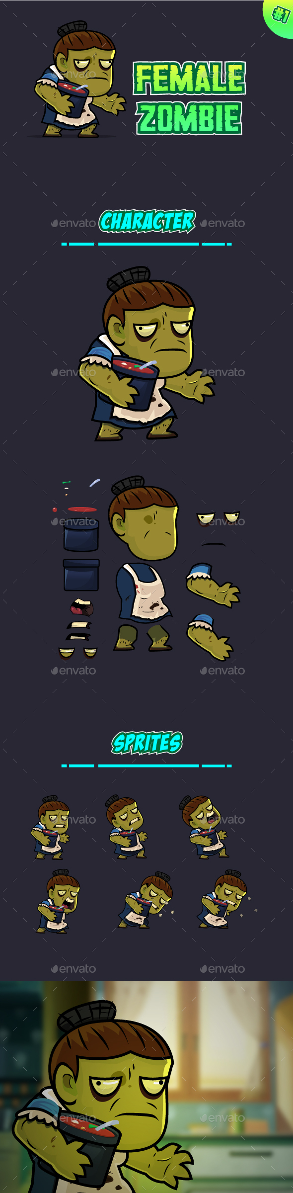 Female Zombie 2D Game Character Sprites 01