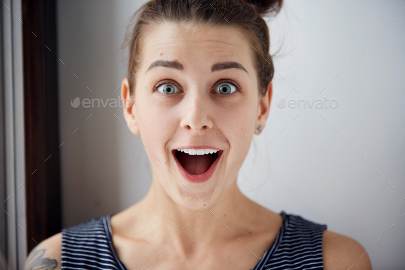 Surprise Astonished Woman Closeup Portrait Woman Looking Surprised In Full Disbelief Wide Open