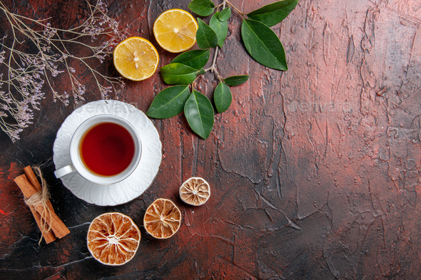 top view cup of tea with lemon on dark background sugar tea photo biscuit  sweet Stock Photo by KamranAydinovStudio
