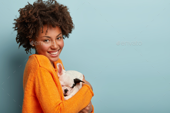 Indoor shot of attractive African American lady owner of breed dog, carries sleepy puppy, wears casu