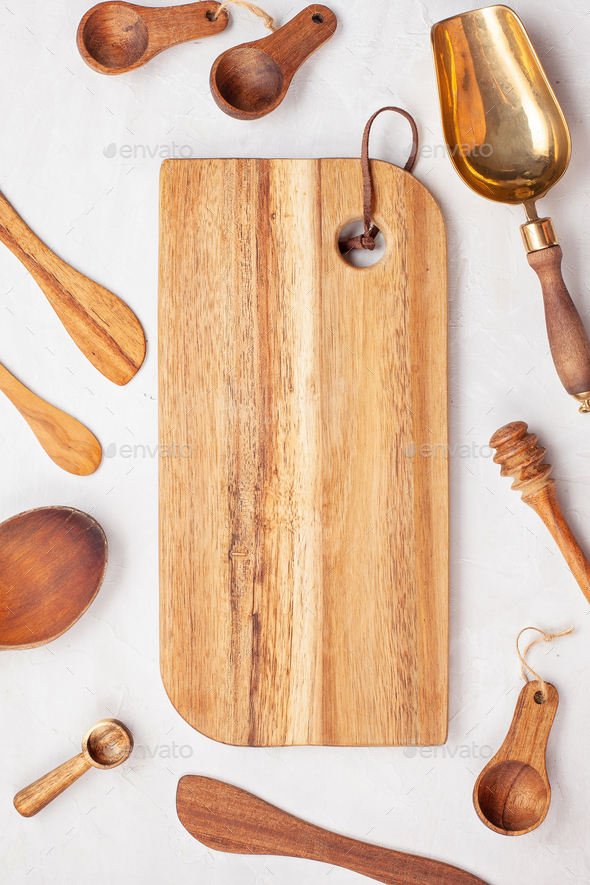 Flat lay with kitchen utensils and blank copy space. Kitchen recipe books, cooking blogs, classes