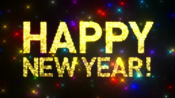 Looping HAPPY NEW YEAR! Marquee over Glitter Multicolored Star Background