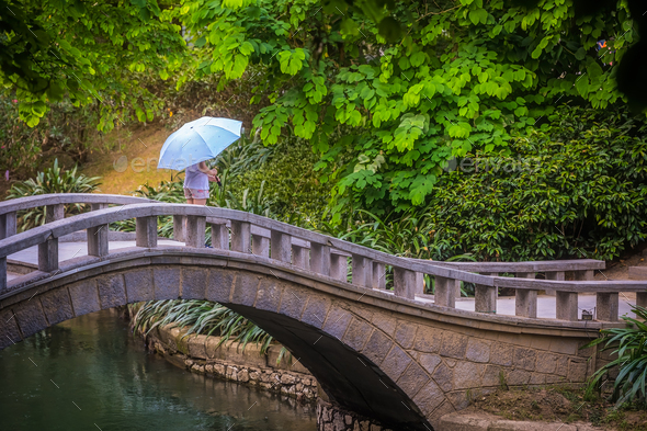 Female with an umbrella standing on a bridge - Stock Photo - Images