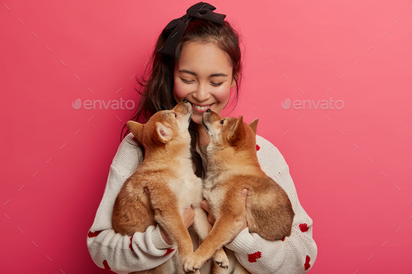 Love, tender, warm feeling and understanding without words. Cheerful korean woman receives kiss from - Stock Photo - Images