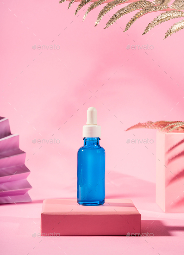 Hyaluronic acid serum generic bottle on pink geometric background