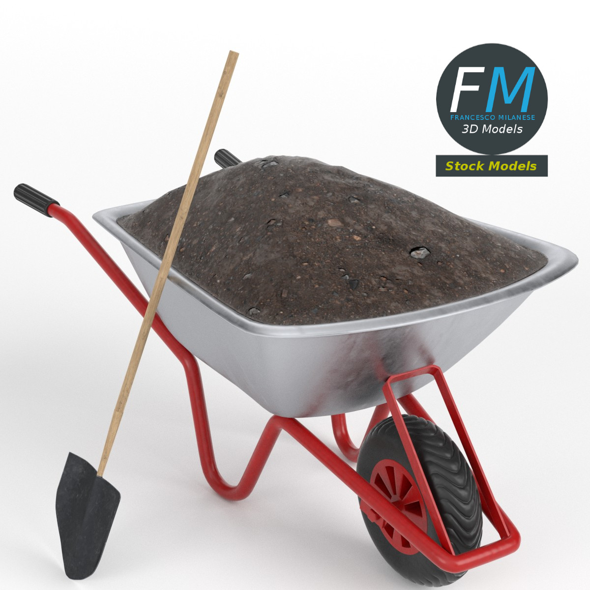 Wheelbarrow with soil and shovel