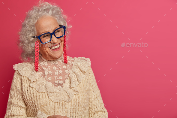 Close Up Portrait Of Happy Wrinkled Granny Looks Aside With Beaming ...