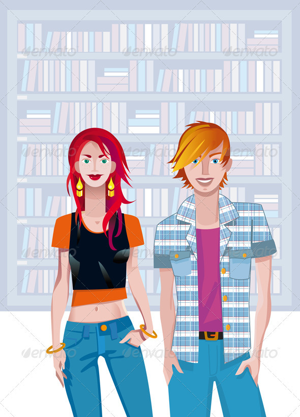 Teen Caucasian Couple In A Library - People Characters