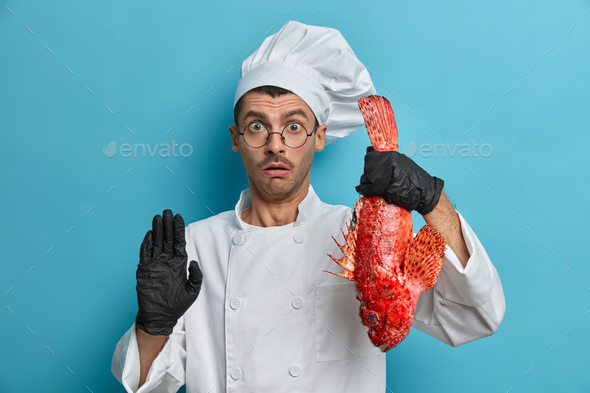 Stunned chef holds big fish, prepares meal from seafood, makes stop gesture looks with bated breath,