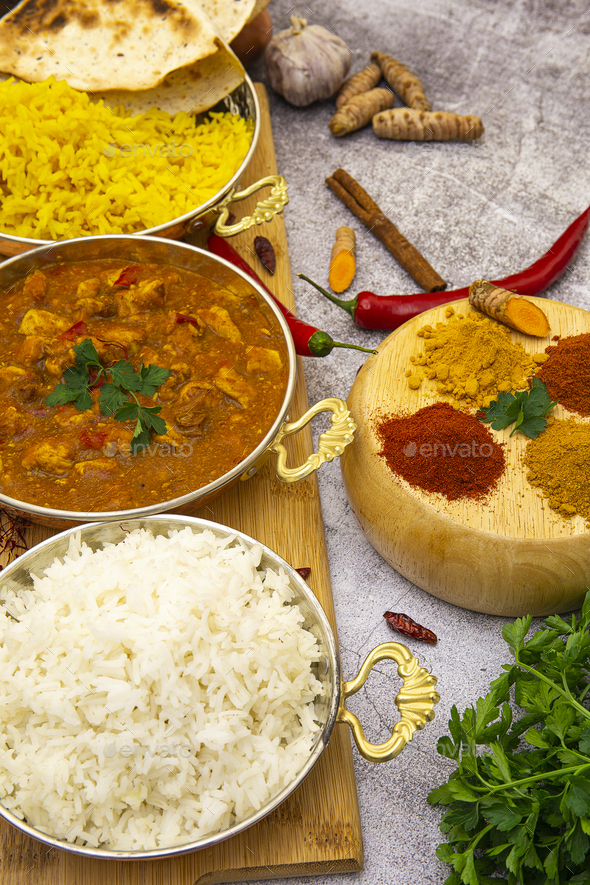 Indian food. Indian food. Chicken curry in tomato sauce Stock Photo by