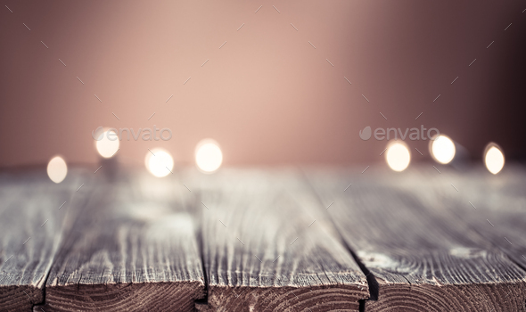 Empty Wood Table Top And Blur Background Selective Focus With Christmas Lights Stock Photo By Puhimec