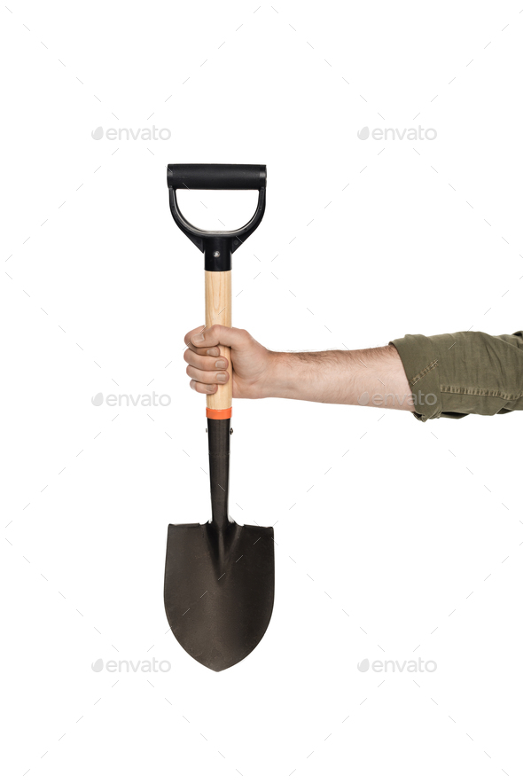 partial view of man holding shovel in hand isolated on white Stock
