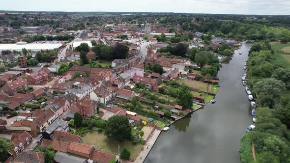 Beccles town in Suffolk UK rising drone aerial view alt