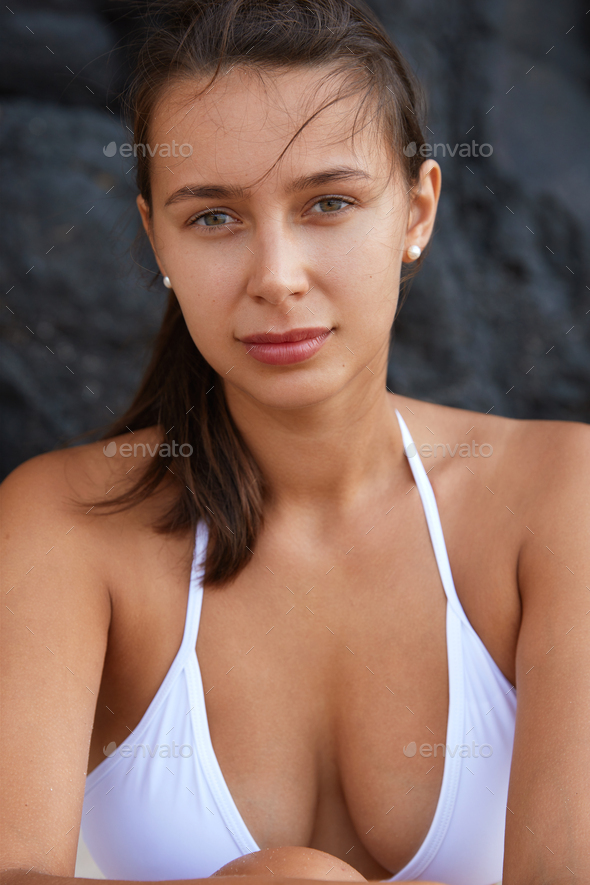 Beautiful Young Attractive Girl Swimsuit White Background Stock