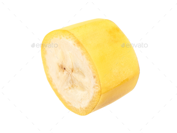one unpeeled slice of banana, isolated on white