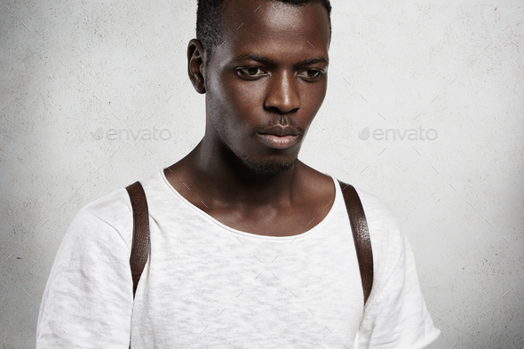 Close Up Shot Of Attractive Dark Skinned Male With Clean Healthy Skin Wearing White Casual Top 3096