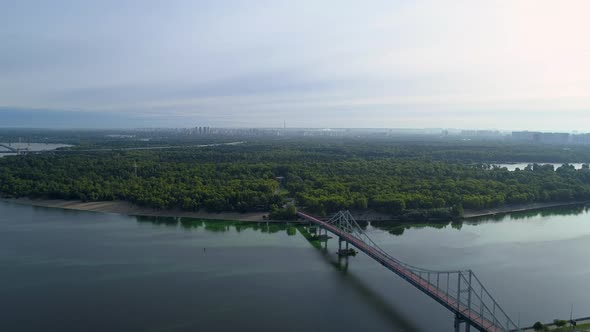 Drone Aerial View Kyiv Truchaniv Island Pedestrian Bridge and Dnieper River alt