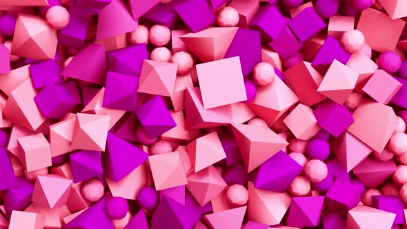 Pan Over a Lot of Geometric Objects  Pyramids and Boxes in Calming Coral and Velvet Violet Color alt