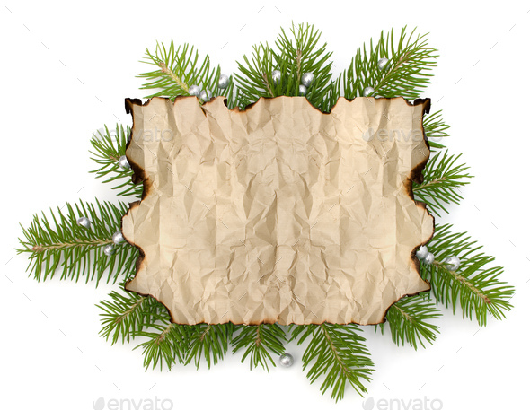 Old parchment paper with copy space on Christmas tree branch