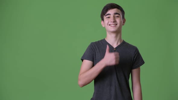 Young Handsome Iranian Teenage Boy Against Green Background alt