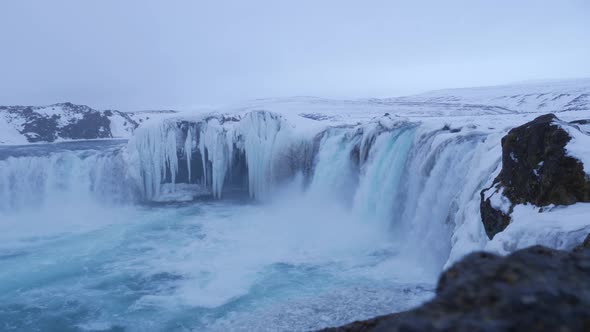 Iceland View Of Beautiful Godafoss Waterfall In Winter