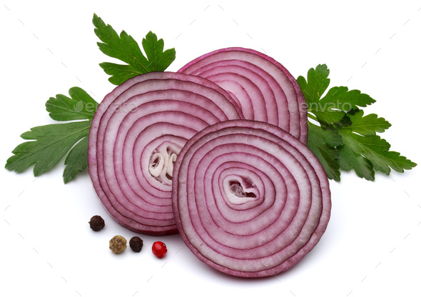 Sliced red onion rings isolated on white background cutout