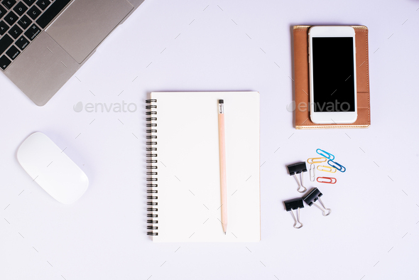 Flat lay, top view office table desk. Workspace background - Stock Photo - Images