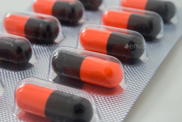 Panel of capsules medicine pills from doctor order