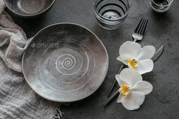Elegance table setting in dark grey color - Stock Photo - Images