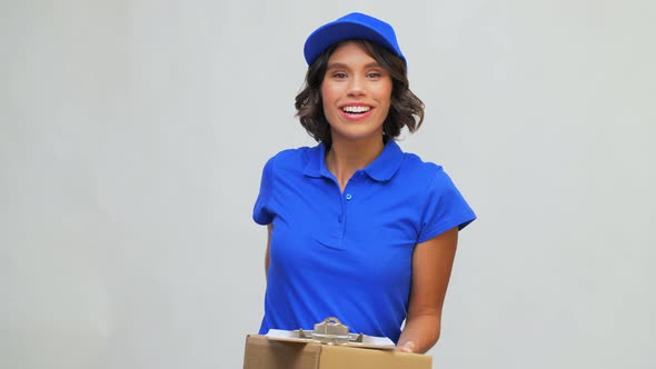 Happy Delivery Girl with Parcel Box and Clipboard alt