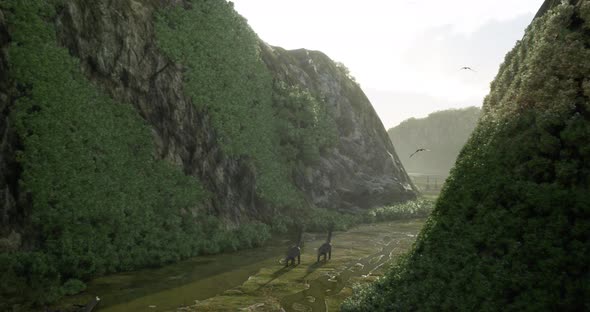 Groups of Brachiosaurs Triceratops and a Flock of Pterosaurs Moving Through a Canyon 3D Rendering
