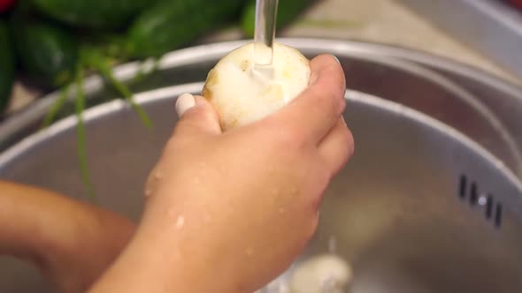 Closeup of Woman's Hands Washing Fresh Mushrooms in Kitchen Sink alt