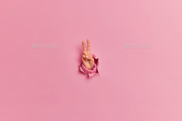Female hand tearing through pink paper background makes peace sign keeps two fingers up shows welcom