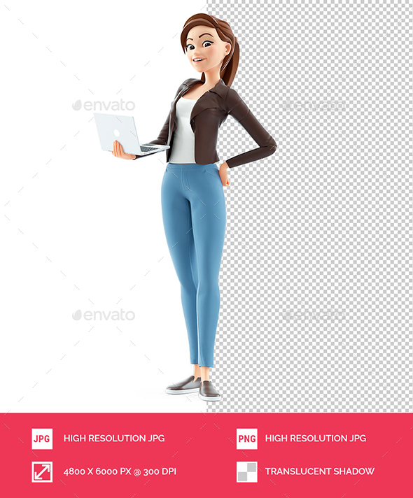 3D Cartoon Woman Standing with Laptop