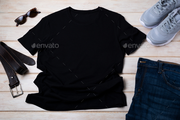 Download Men S T Shirt Mockup With Running Shoes And Leather Belt Stock Photo By Tasipas