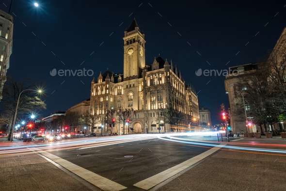 Old post office Washington DC with traffic light at night, United States,  USA downtown Stock Photo by thananit_s
