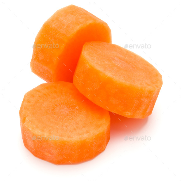 Chopped carrot slices isolated on white background cutout - Stock Photo - Images