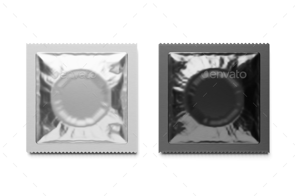 Square silver condom foil packages isolated on white. 3D rendering.
