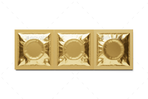 Square golden condom foil packages isolated on white. 3D rendering.